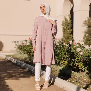 Tunic Muslim Blouse Islamic Clothing Pleated Chiffon Tops Shirts Loose Casual Buttons Long Sleeved Tops For Muslim Women