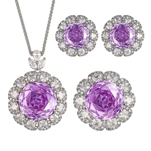 High-end Eco-friendly Copper <b>Women</b> Floral Design Jewelry <b>Set</b> Rose Cut 18-16mm Purple Cubic Zirconia Pendant Earrings <b>Ring</b> <b>Set</b> - Product Image 1