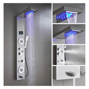 Badezimmer Wasserfall-Regenduschpaneel <span class=keywords><strong>LED</strong></span>-<span class=keywords><strong>Dusche</strong></span> 6-Funktionen-Armatur Regenmassage-System Körperdüsen Chrom 304 Moderne Duschsets - Product Image 2