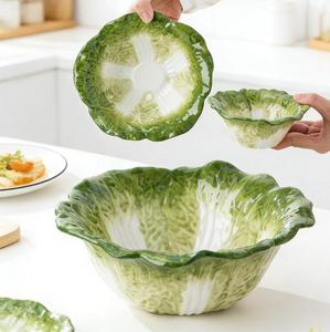 Ceramic Flower Deep Bowl Pure <b>Green</b> Creative Cabbage Relief Tableware Ceramic Bowl - Product Image 2