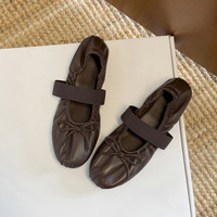 Chaussures plates en cuir de mouton rouge style ballerine avec nœud mignon, bout rond et bouche peu profonde, en stock pour l'automne et l'hiver 2026
