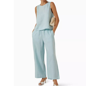 Completo Estivo Casual da Donna in Due Pezzi, Top <span class=keywords><strong>Blu</strong></span> in <span class=keywords><strong>Lino</strong></span> a Collo Tondo e <span class=keywords><strong>Pantaloni</strong></span> Larghi in <span class=keywords><strong>Lino</strong></span>, Set 2 Pezzi - Product Image 1
