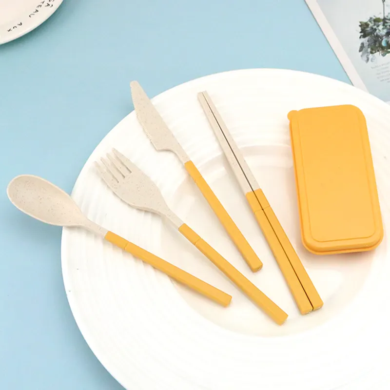 Amazon hot selling travel cutlery portable detachable folding chopsticks knife fork and spoon set wheat straw cutlery for kid