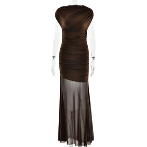 Vestido largo asimétrico sin mangas con cintura natural, plisado, con capas transparentes y ajustado al cuerpo para el tiempo libre. - Product Image 5