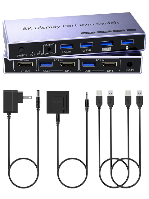 SYONG 8K 2.1 DP KVM Switch 2 in 1 Out DP1.4 with 4 USB 3.0 Ports Support 8K60Hz 4K240Hz, 2 Computers Share 1 Monitor