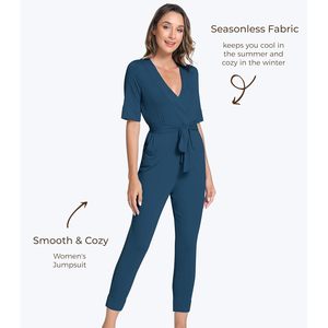 Combinaison décontractée pour femme en viscose de bambou à manches courtes, taille haute, avec ceinture et poches, idéale pour le quotidien - Vente en gros - Product Image 4