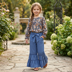 Conjunto de 2 Piezas para Niñas Pequeñas, Top de Manga Larga y Pantalones con Volantes Florales, Ropa Linda para Primavera y Otoño, Venta al Por Mayor - Product Image 5