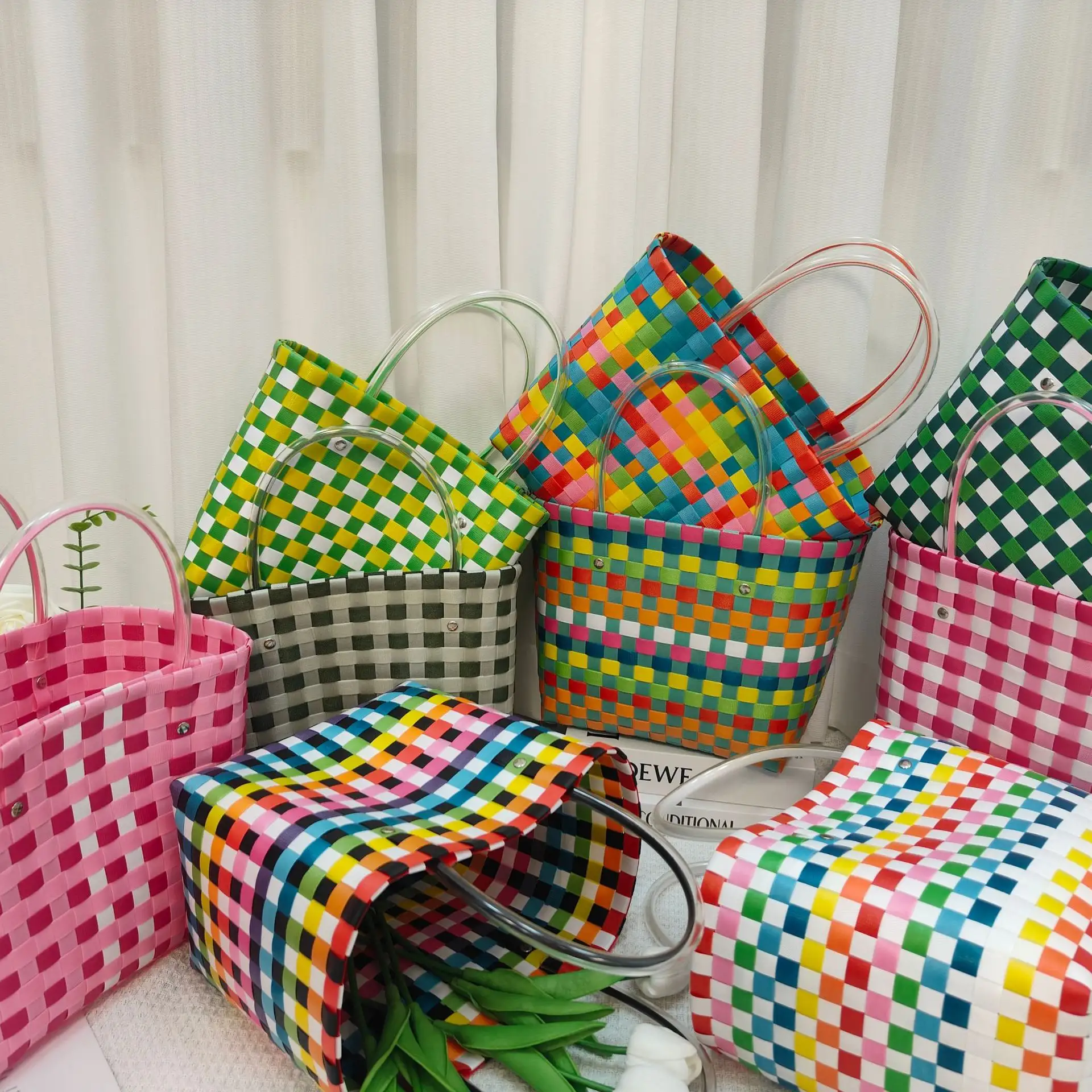 New Colorful Beach Bag PP Handmade Woven Bag Summer Handbag Outdoor Picnic Basket For Women Girls