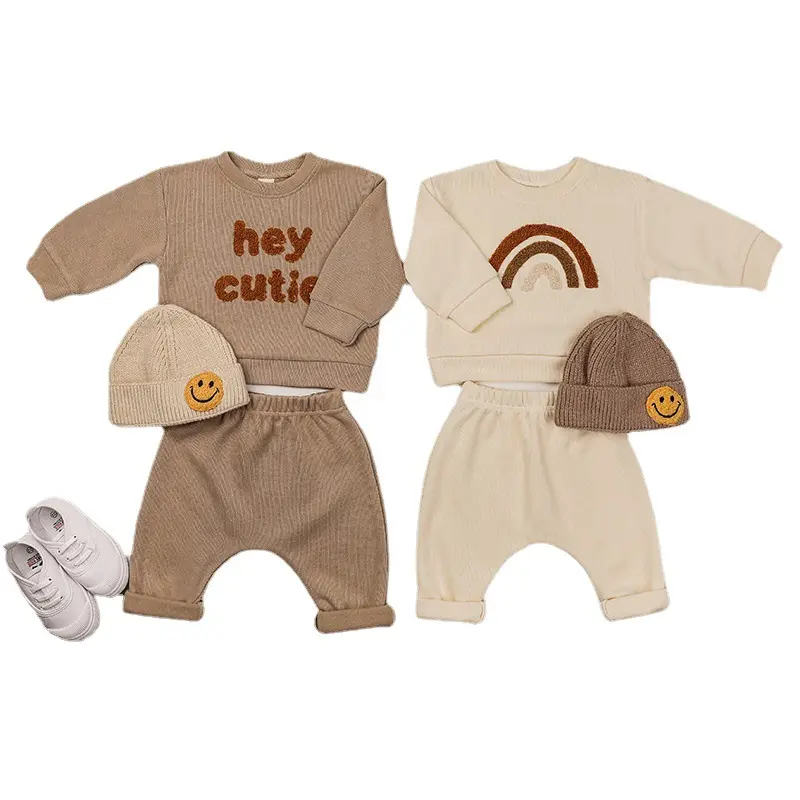 Autumn winter outdoor 1Y unisex infant baby jogger set rainbow crew neck sweatshirts baby sweater and sweatpants baby clothing