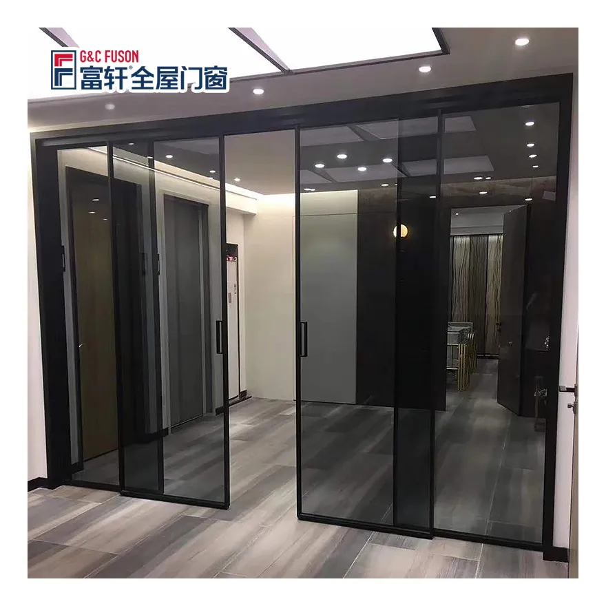 Puertas corredizas resistentes de vidrio templado doble de aluminio para el hogar Fuson, puerta corrediza de vidrio para parrilla de eficiencia energética de alta calidad