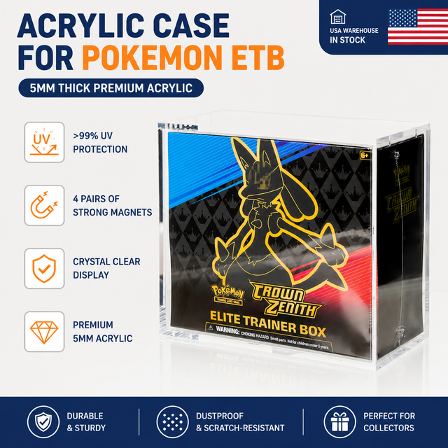 JERY ANTI UV 99% Showcase Acrylic ETB Box Clear Acrylic Case Display ETB Acrylic case Magnetic for Pokemon Elite Trainer Box