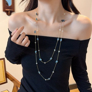Korean Style Crystal Multi Layer <b>Necklace</b> <b>Long</b> Teardrop Shape Light Luxury Sweater Chain Autumn Winter Fashion Accessory - Product Image 2