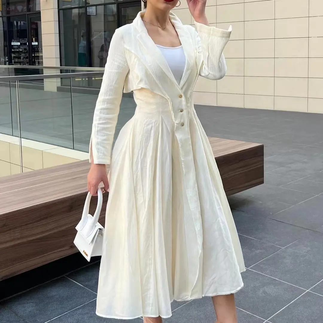 OUDINA Stylish New White Jacquard Linen Cotton Dress Coat Long Dresses Maxi Casual Dress Women
