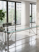 Table à manger rectangulaire en verre au design Bauhaus moderne et épuré, avec support métallique et plateau transparent, ensemble de mobilier pour la maison