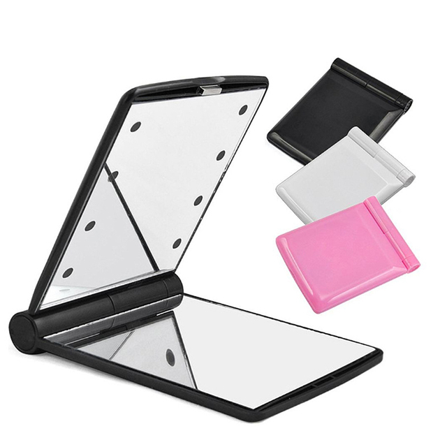 Hot Sale Mini Cute Black LED Light Portable Pocket Fold Compact Hand Held Double Side Vanity Mirror Cosmetic Makeup Mirror