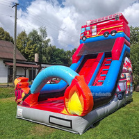 Château gonflable commercial pour enfants avec toboggan, thème camion de pompiers, idéal pour la location événementielle