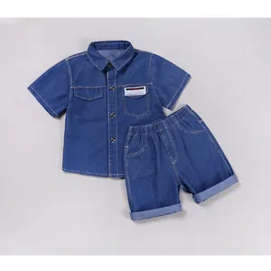 Летний повседневный костюм для мальчиков, джинсовая рубашка с коротким рукавом и шорты в американском стиле, одежда, комплект из 2 предметов для детей