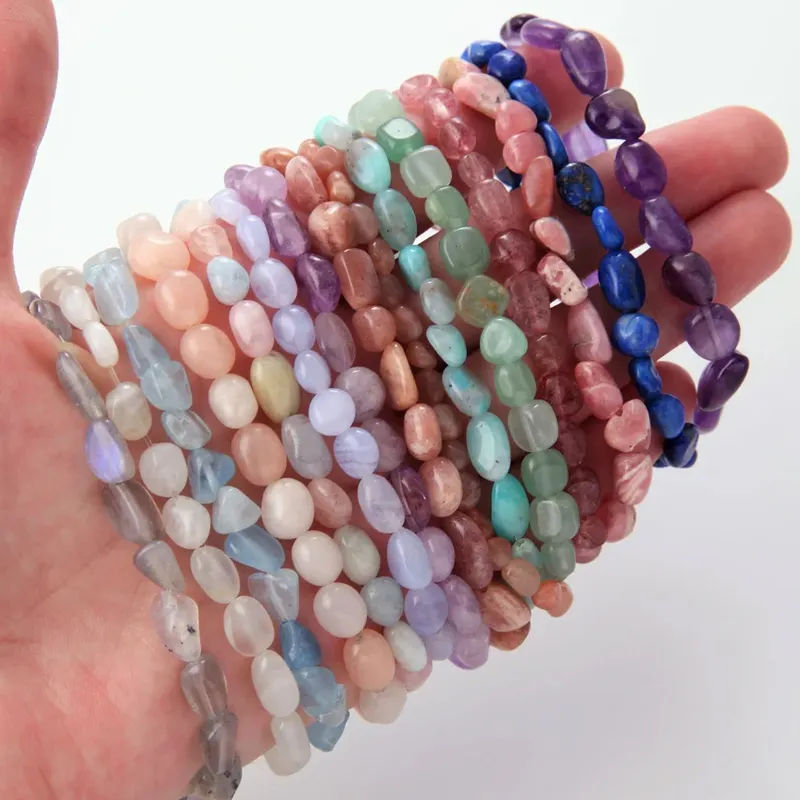 Natural Gemstone Stretchy String Bracelet Healing Crystal Adjustable Bracelet Crystal Chip Tumble Nugget Bead Bracelet