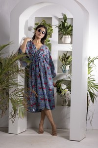 Red And Water Blue Printed Dress For <b>Women</b> With <b>Cape</b> Sleeves V Neckline And Flared Hem For Stylish Casual Fashion And Party Wear - Product Image 2