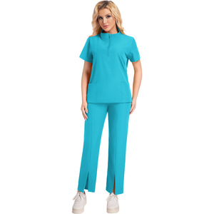 Women's Short Sleeve Scrub Set Zippered <b>Top</b> And Pants For Medical Beauty Salon Workwear Knitted Fabric Split Design - Product Image 4