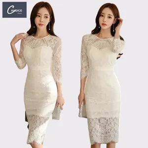 Candice New Korean Edition Elegant Simple white three quarter sleeve lace backless dress sexy