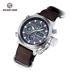 Golden Hour GH-107 hot sell Brown mens digital watch luxe PU leather strap Luminous double display Calendar Sports wristwatch
