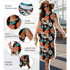 เดรสยาวฤดูร้อนสำหรับผู้หญิงไซส์ใหญ่ แบบไม่มีแขน คอทรงโอ ลายพิมพ์ฮาวาย ทรงหลวมใส่สบาย เหมาะสำหรับใส่ไปชายหาด มีรอยผ่าข้างและกระเป๋า - Product Image 4