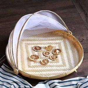 Cesta de Picnic Redonda de Bambú a Prueba de Polvo con Cubierta de Malla, Cesta Tejida para Servir Alimentos y Almacenar Verduras - Product Image 4