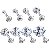 TT ASTM F136 G23 Titane à filetage interne, Zircon cubique rond, 16G, Clous d'oreille à dos plat, Boucles d'oreille pour cartilage, Labret, Plaqué or, Bijoux de piercing