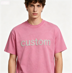 Custom <b>Rhinestone</b> Letter Print Men's Pink O-Neck Short Sleeve T-Shirt Regular Fit Casual Jersey Cotton <b>Top</b> - Product Image 1