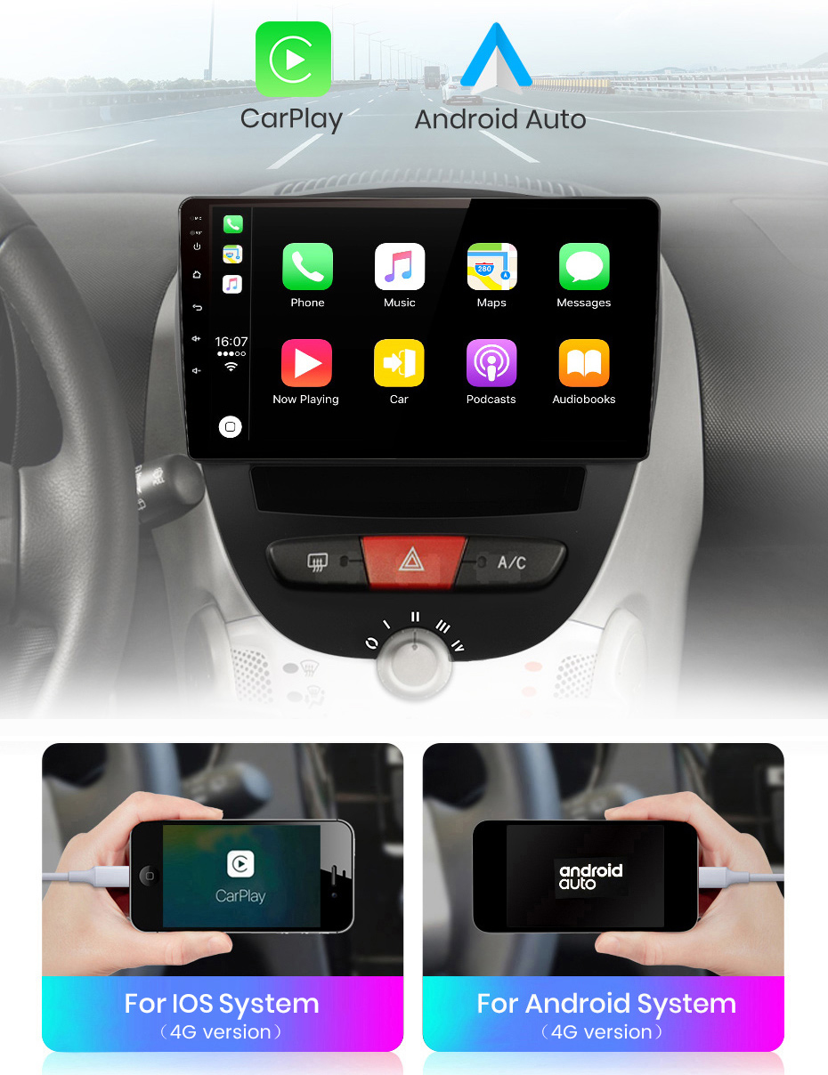 4 64G] Hodozzy Android Autoradio voor Toyota Aygo/Peugeot 107/Citroen C1 2005-2014 met Carplay/Android Auto,10,1 inch Autoradio Bluetooth WiFi/GPS /HiFi/RDS/FM/USB voor IOS