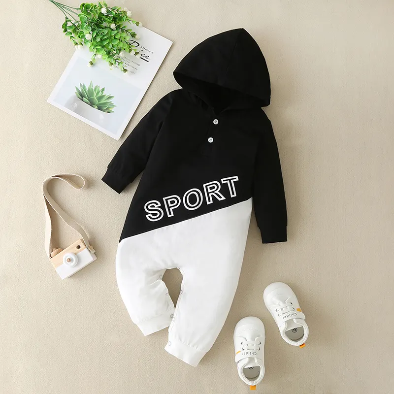 Newborn Sport Printing Jumpsuit Baby Boy Long Sleeve Hooded Romper Winter 0-12M