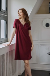 Tùy Chỉnh Rắn V-Cổ Mùa Hè Ngắn Tay Áo Phụ Nữ Ngủ Ăn Mặc Với Các Nút Phía Trước Mềm Tre Đồ Ngủ Áo Ngủ Cho Phụ Nữ - Product Image 2