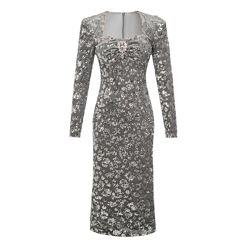 ZYHT 21028 - Sexy Sequin Velvet Dress with Square Collar
