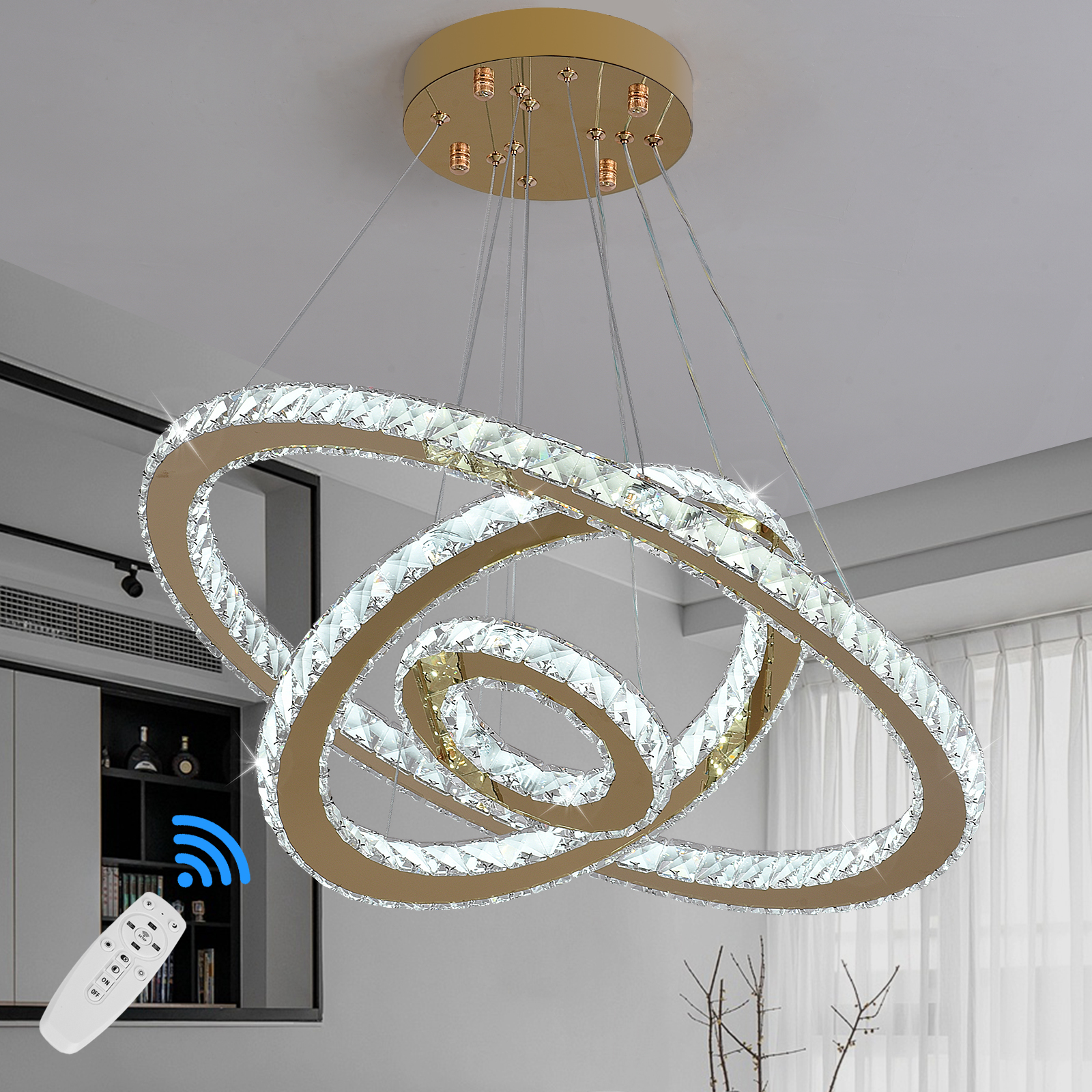 Modern LED Crystal Design Ceiling Light Stainless Steel Pendant Remote Control Kitchen Lighting