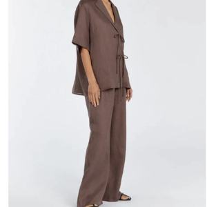 Conjunto Casual y Elegante de Dos Piezas para Mujer, Primavera-Verano, Color Sólido, Camisa Tipo Cárdigan de Algodón y Lino y Pantalones Anchos - Product Image 2