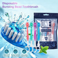 UUKKG Brosse à dents jetable 5-en-1 à billes effervescentes, poils souples, pour voyage, soins bucco-dentaires avec fil dentaire, gratte-langue et cure-dent