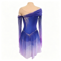 Robe de patinage artistique à manches longues et épaules dénudées, dégradé bleu-violet avec strass, en tissu mesh pour compétitions sur glace adultes et enfants