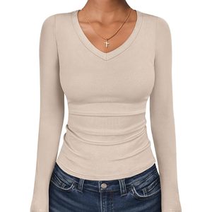 Anrabess - Camiseta de punto acanalada con cuello en V para mujer, manga larga, ajustada, informal, básica, para otoño, suave y elástica - Product Image 1