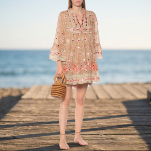 Nouvelle Robe Tunique Midi Bohème Fleurie Imprimée Col V Manches Longues pour Filles, Taille Naturelle Coupe Évasée 100% Coton, Couleur Beige Corail Tendance - Product Image 3
