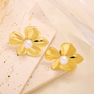 Gold Stud Earrings <b>Women</b> Sculptural Bow Textured Heart Leaf Flower Stainless Steel 14K Gold Plated Trendy Custom Made Party - Product Image 3