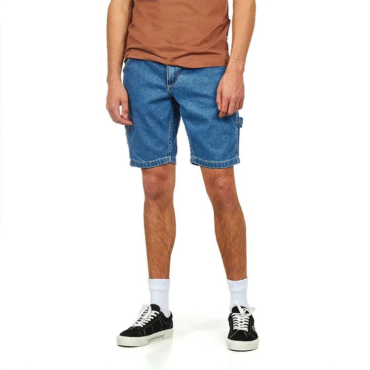 Pantalones cortos vaqueros 100% de algodón para hombre, Vaqueros cortos con tirantes de carpintero lavados en los lados, azul