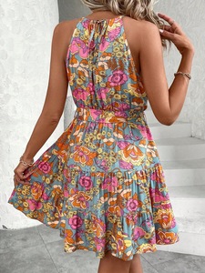 ชุดเดรสลำลองผู้หญิงสไตล์ยุโรปอเมริกัน ลายดอกไม้ ผูกเชือก ระบายอากาศได้ดี ความยาวระดับเข่า สำหรับฤดูใบไม้ผลิและฤดูร้อน - Product Image 4