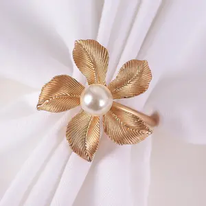 Anneau de serviette fleur feuille vintage perle or mat