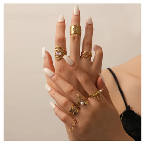 แหวนแฟชั่นที่ดีเครื่องประดับกันน้ำ18K ชุบทองสแตนเลสที่เรียบง่ายไม่สม่ำเสมอลาวามงกุฎเปิดแหวนจากอินเดีย - Product Image 3