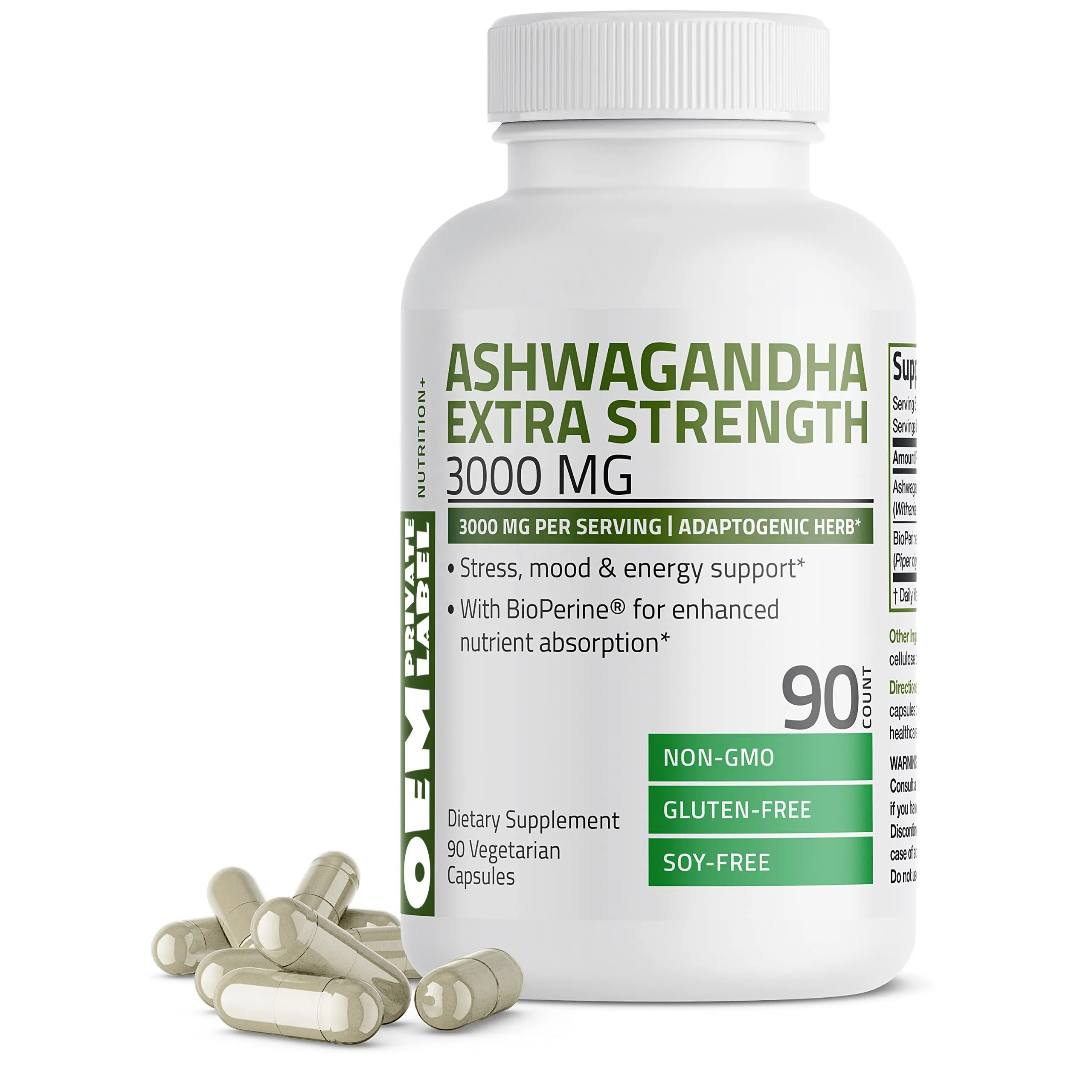 Ashwagandha ออร์แกนิกธรรมชาติแคปซูลมังสวิรัติ3000มก. พร้อมปิเพอรีนช่วยเพิ่มอารมณ์และความสามารถในการรองรับความเครียด