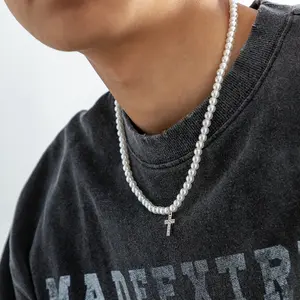 2024 Hip Hop Pearl Necklace Crystal Rhinestone Cross Bead Pendant Necklace for Men Boys