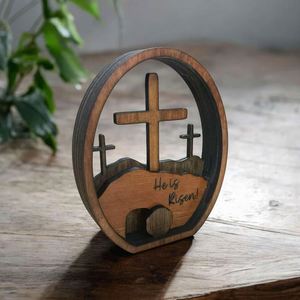 Décoration chrétienne de Pâques : Scène du Tombeau, Il est ressuscité, Croix, Œuf en bois décoratif - Product Image 2
