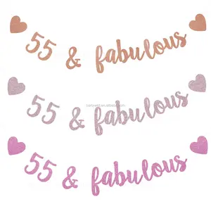 55 & Fabulous Banner Glitter Bunting Sign for Happy 55th Birthday Hello 55 Cheer to 55 Years Old Party Decoration Supplies