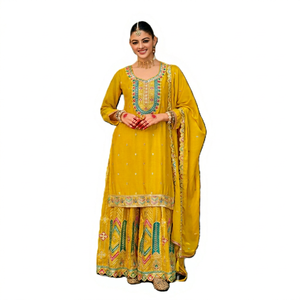 Conjunto de Salwar Kameez Amarillo Bordado para Mujer, Cuello Redondo, Corte Holgado, Largo Completo, Elegante, de 2 Piezas, para Primavera/Verano - Product Image 1
